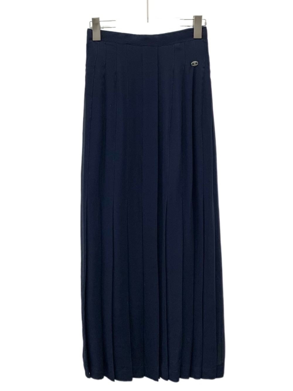 Chanel Dark Blue Mulberry Silk Logo Diamond-Embellished Pleated Midi Skirt